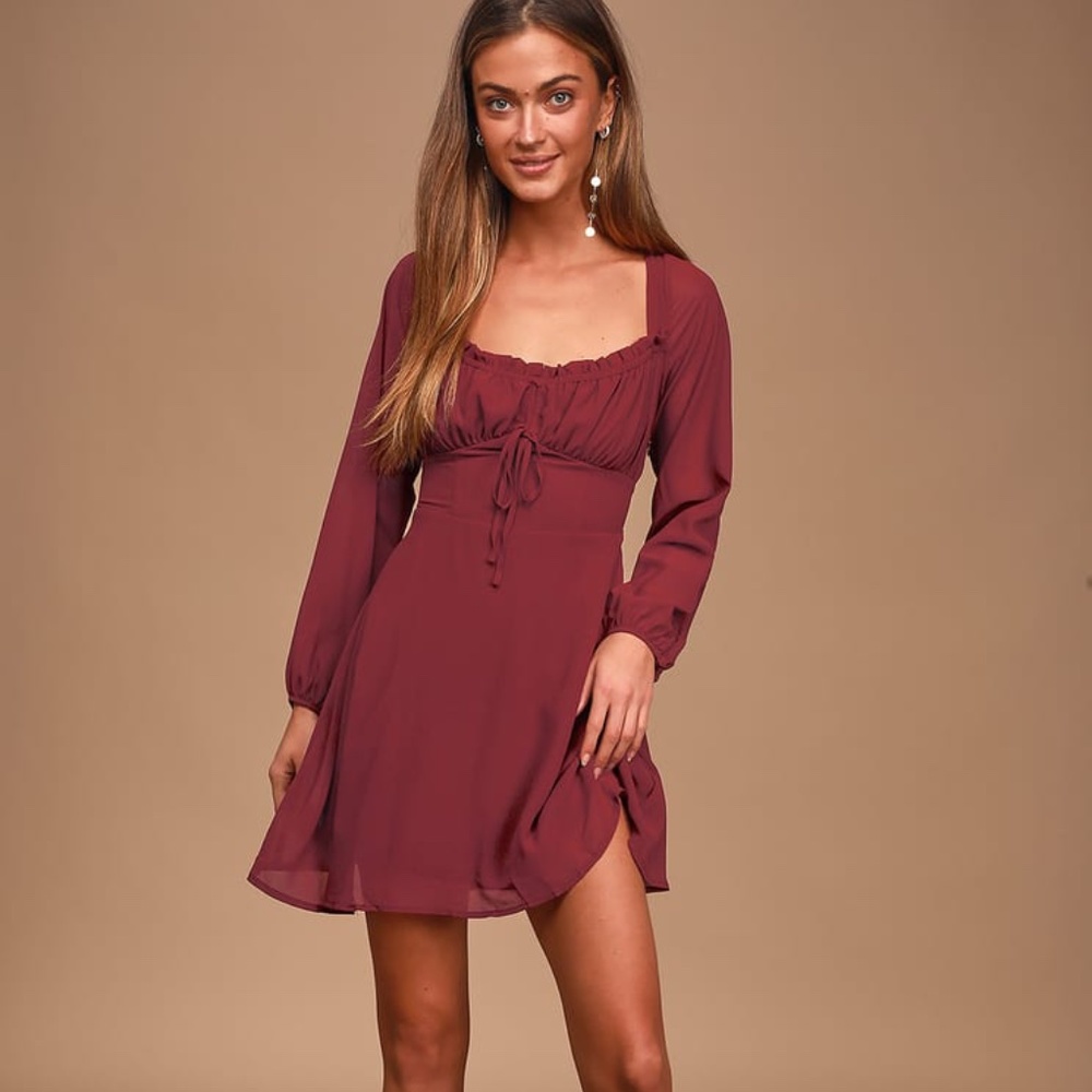 Lovely Day Wine Red Chiffon Long Sleeve Mini Dress